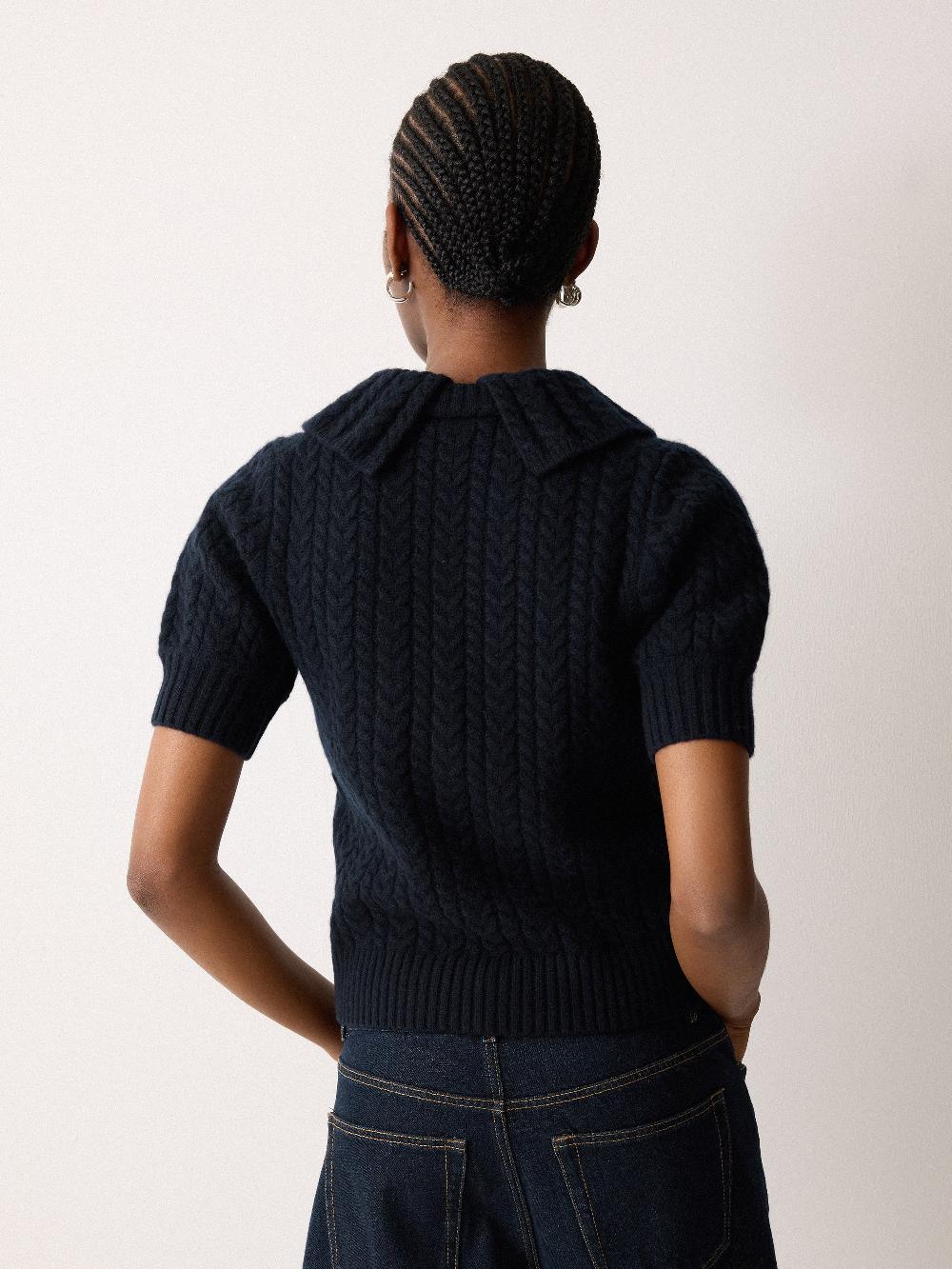 Jigsaw Cable Knit Collar T-Shirt Navy