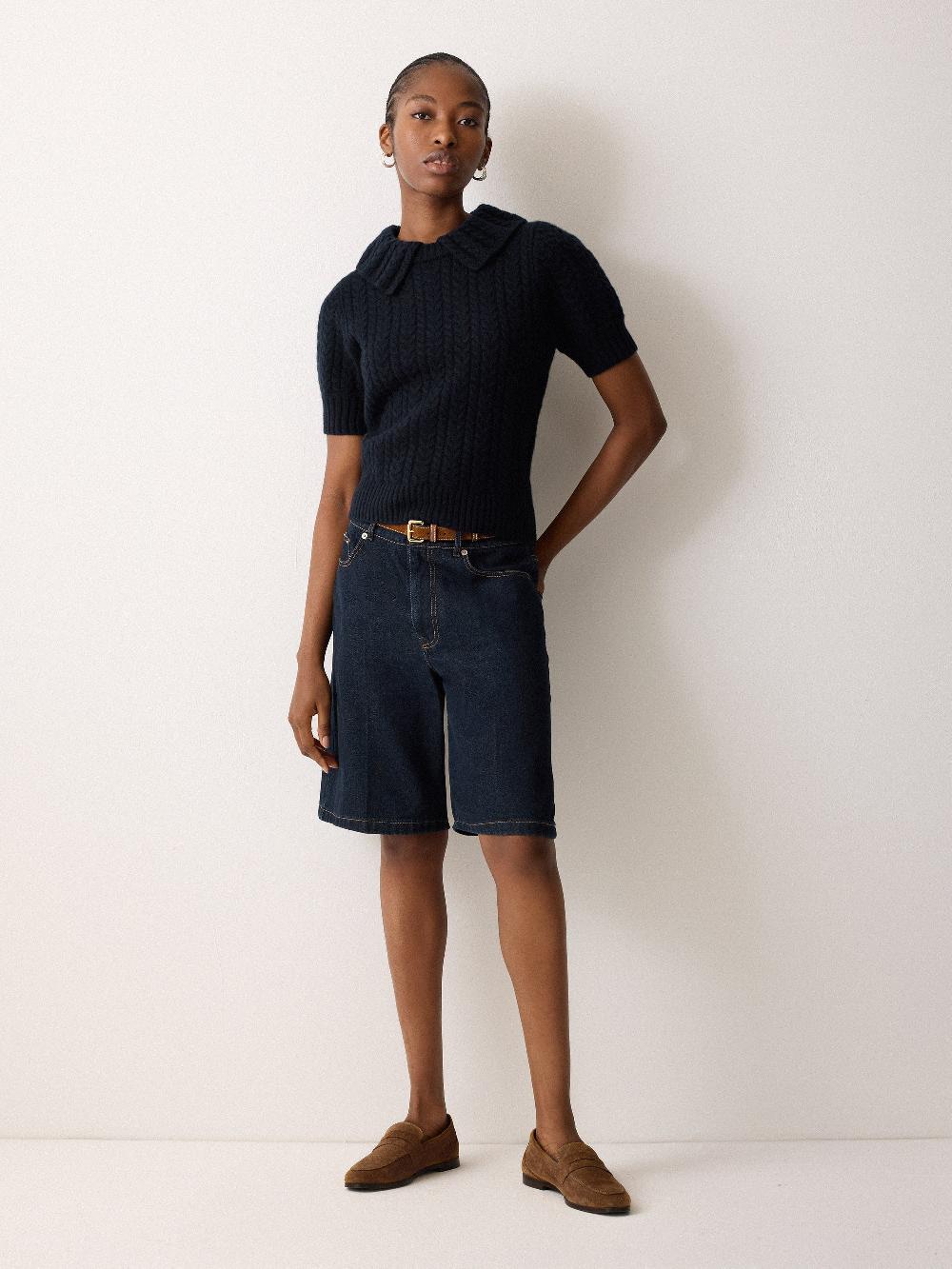 Jigsaw Cable Knit Collar T-Shirt Navy