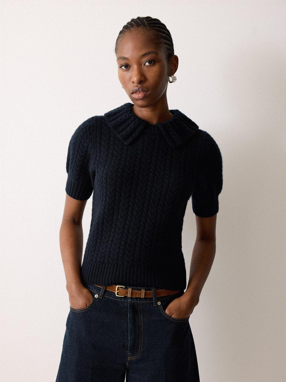 jigsaw Cable Knit Collar T-Shirt Navy