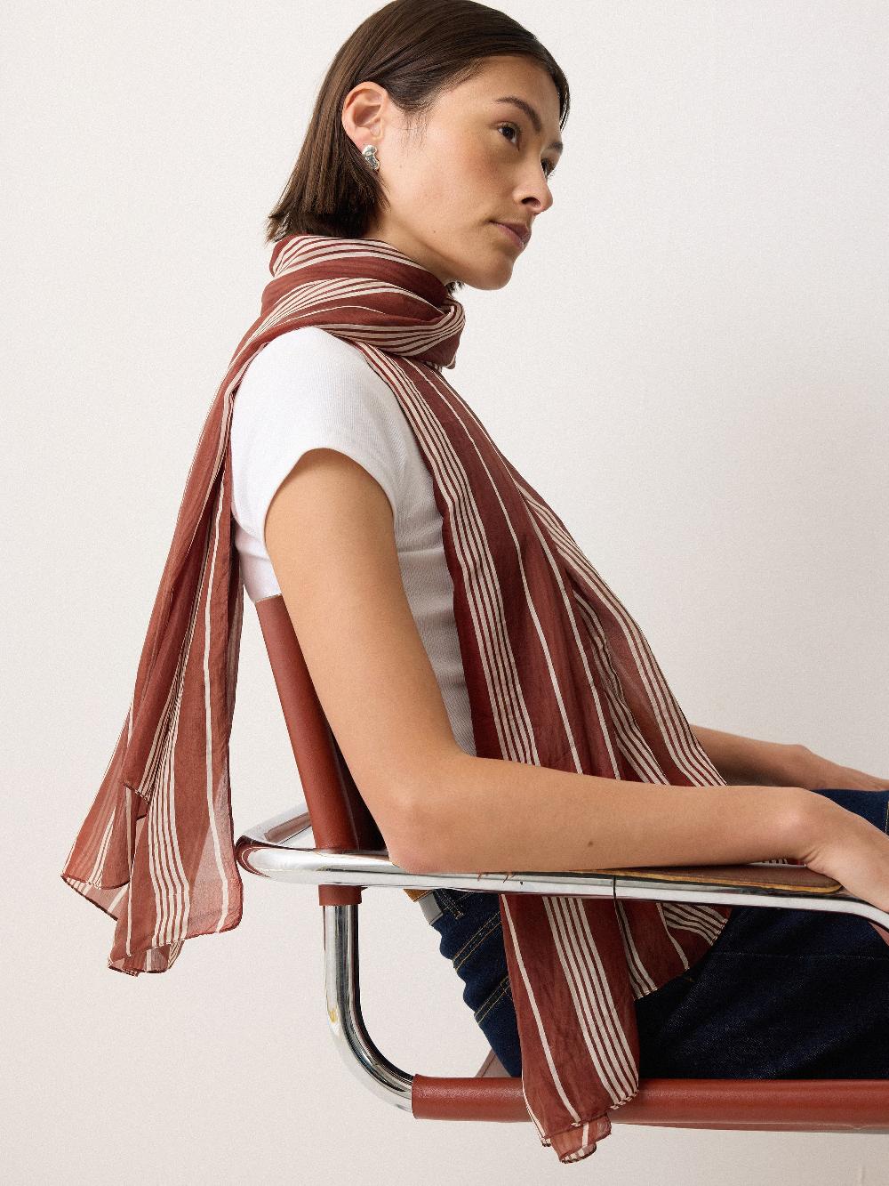 jigsaw Cassis Stripe Silk Scarf Brown