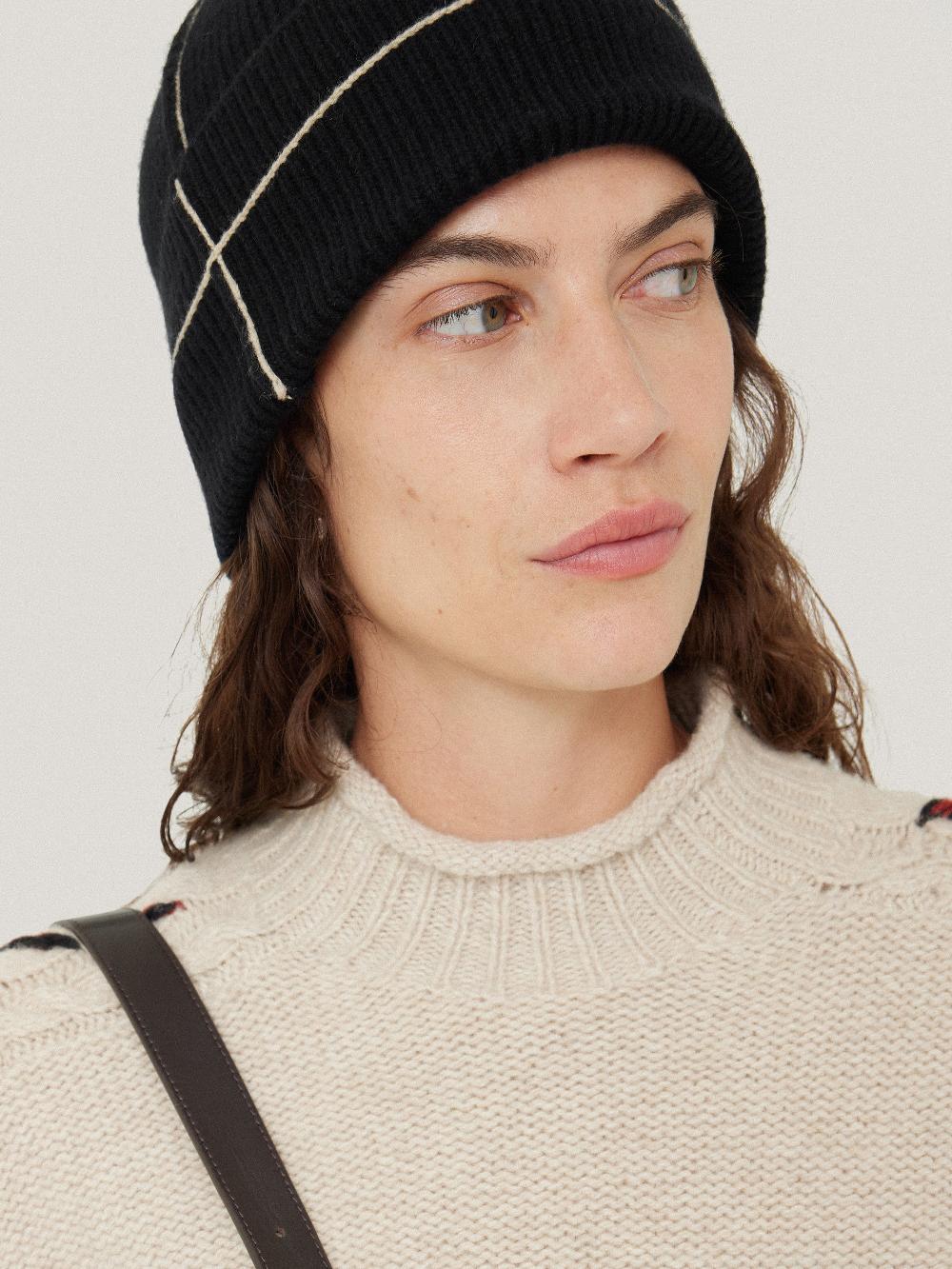 Jigsaw Contrast Stitch Beanie Black