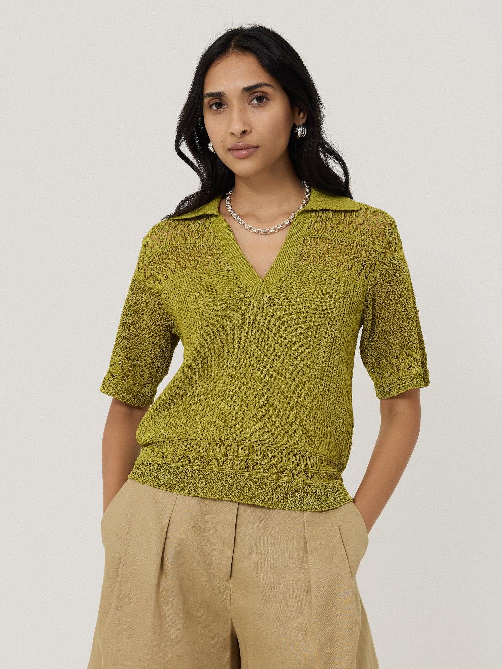 Jigsaw Cotton Blend Pointelle Polo Green