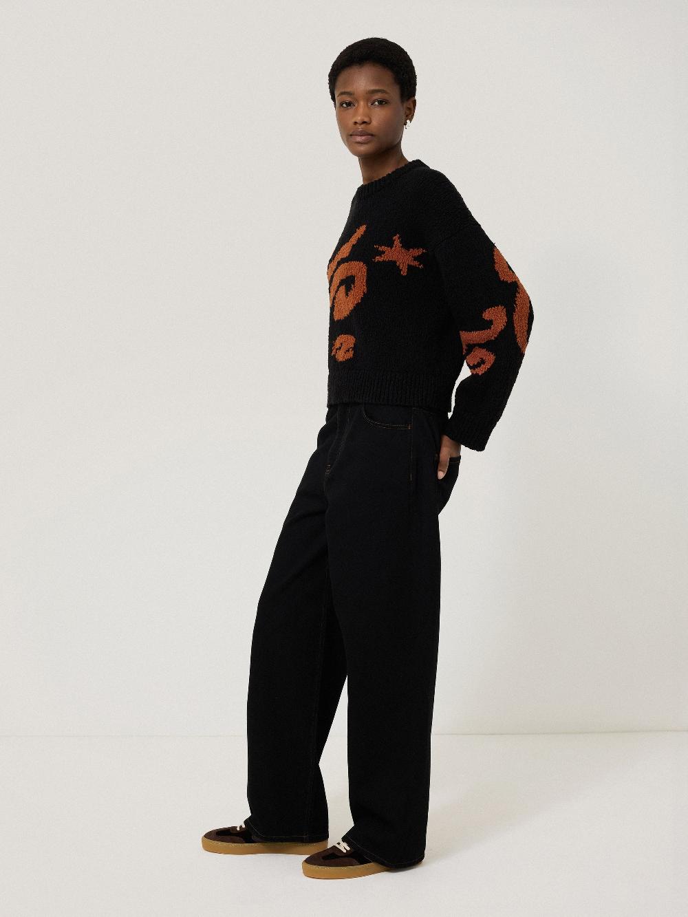 Jigsaw Cotton Motif Intarsia Jumper Black