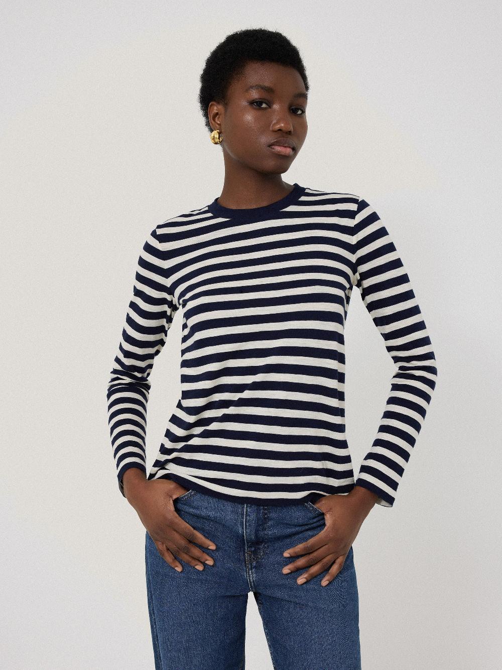 jigsaw Cotton Stripe Long Sleeve Tee Navy