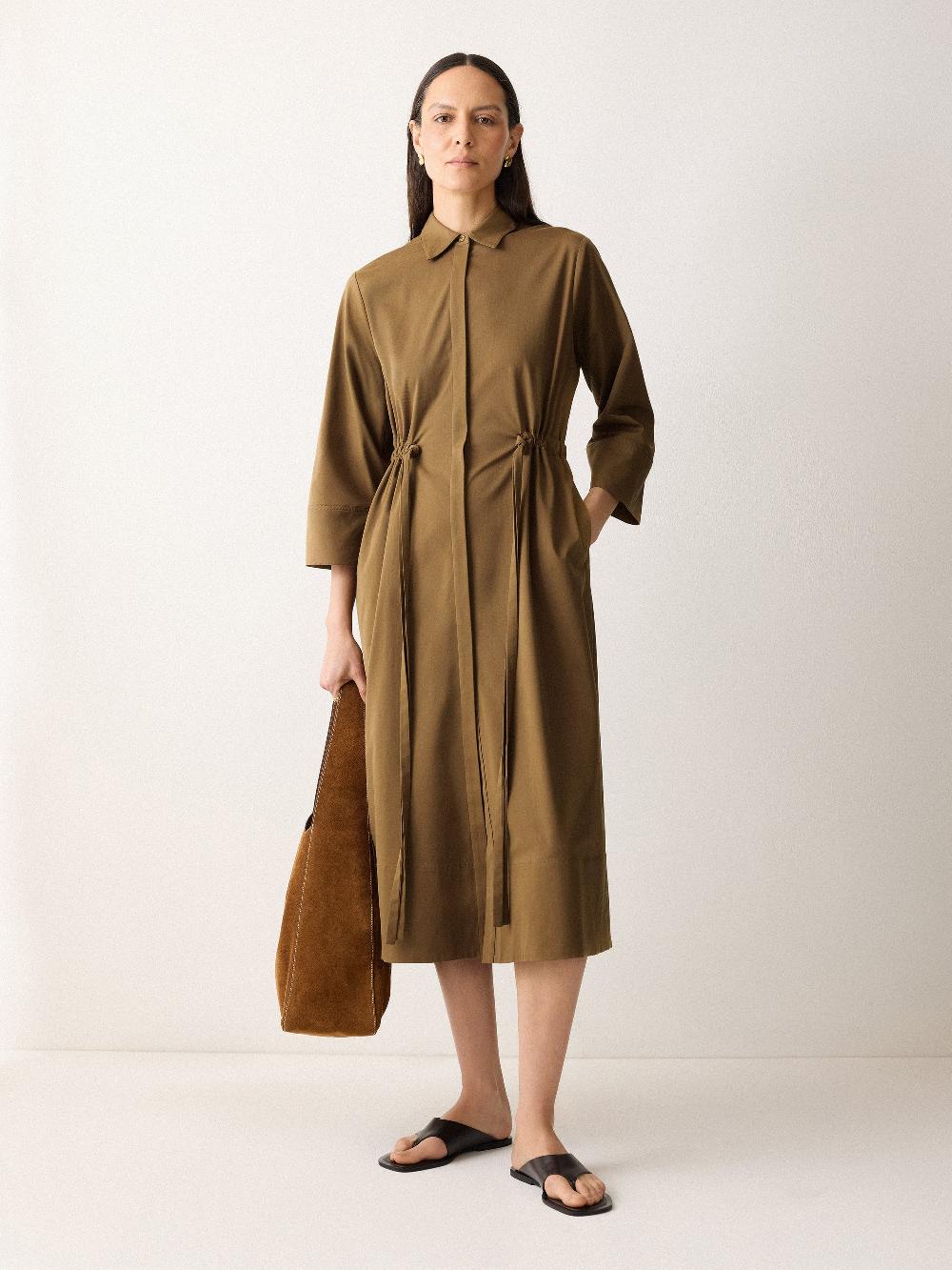 Jigsaw Cotton Tie Waist Shirt Dress Khaki