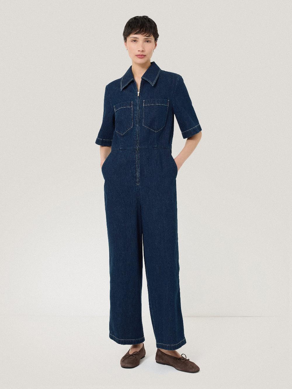 Jigsaw Denim Contrast Stitch Jumpsuit Indigo