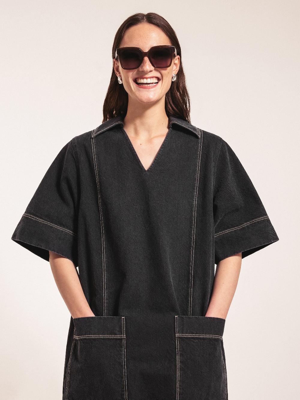 Jigsaw Denim Contrast Stitched Dress Washed Black