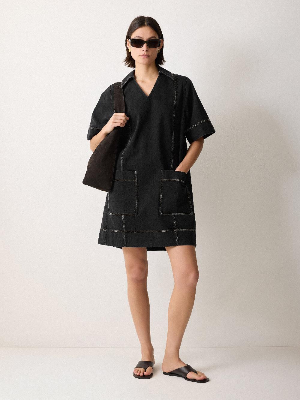jigsaw Denim Contrast Stitched Dress Washed Black