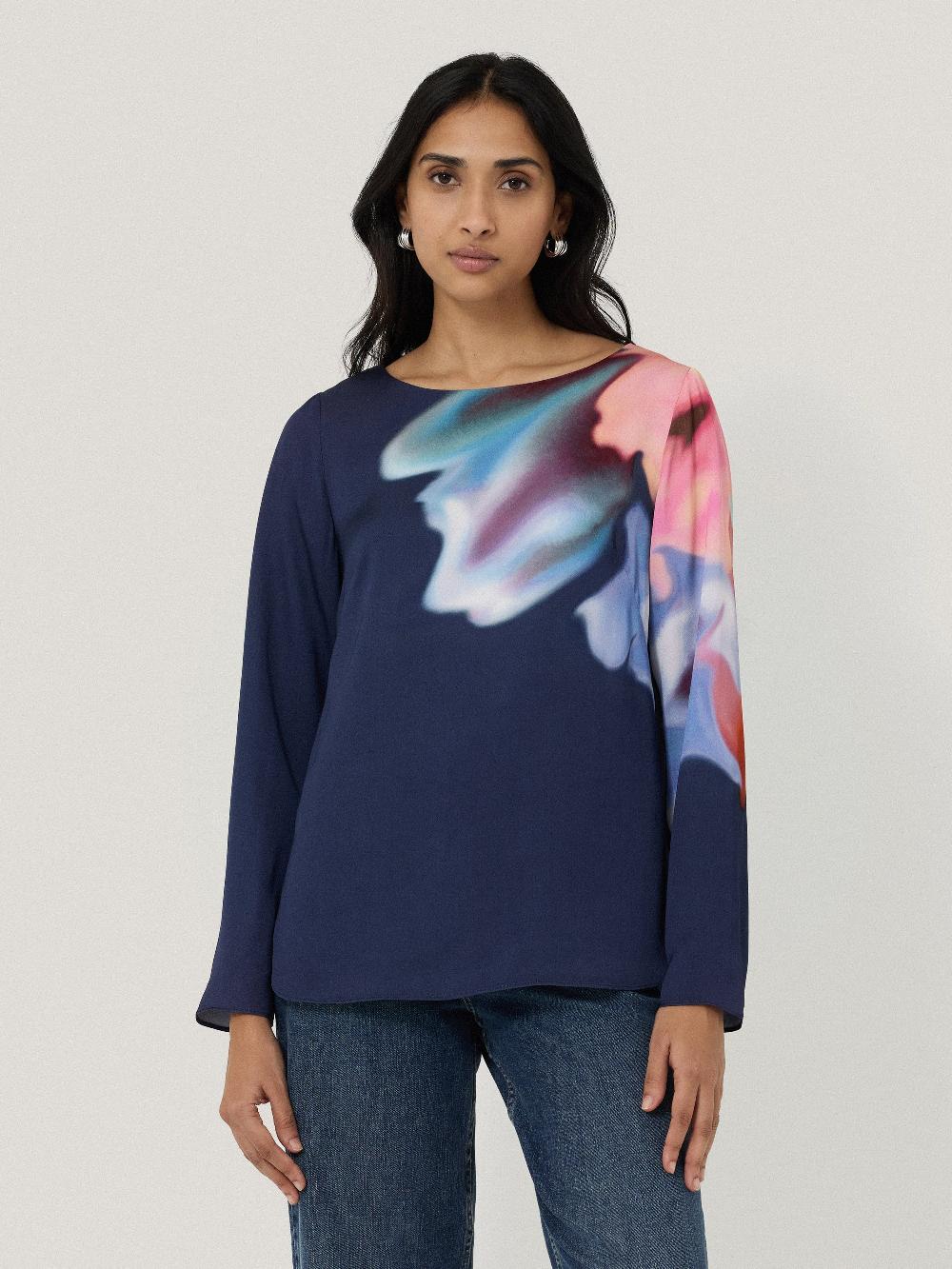 Jigsaw Dreamy Floral Boat Neck Top Navy