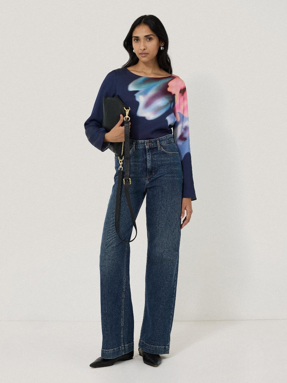 jigsaw Dreamy Floral Boat Neck Top Navy