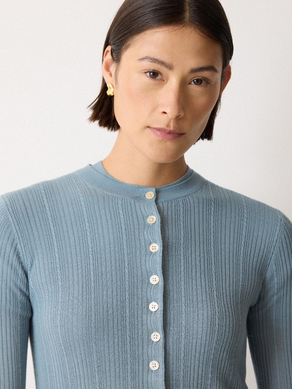 Jigsaw Fine Pointelle Cable Cardigan Blue