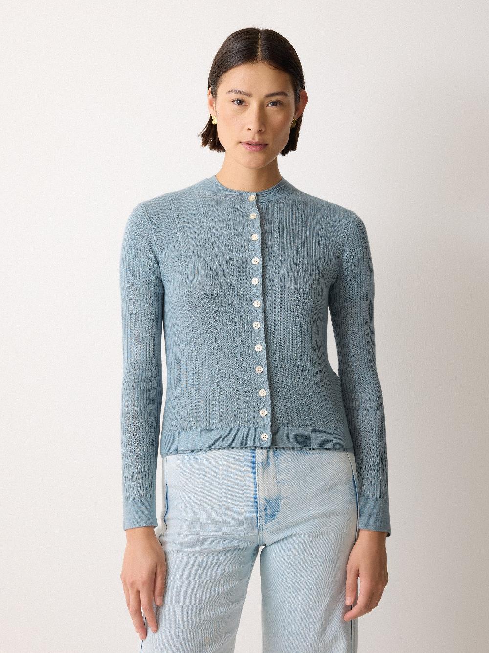 Jigsaw Fine Pointelle Cable Cardigan Blue