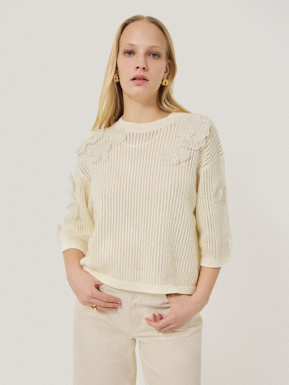 Jigsaw Floral Applique Knit Top Cream