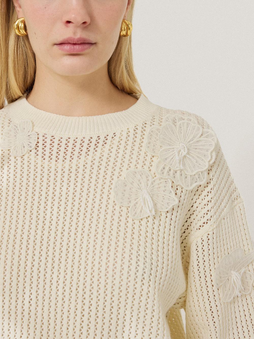 Jigsaw Floral Applique Knit Top Cream