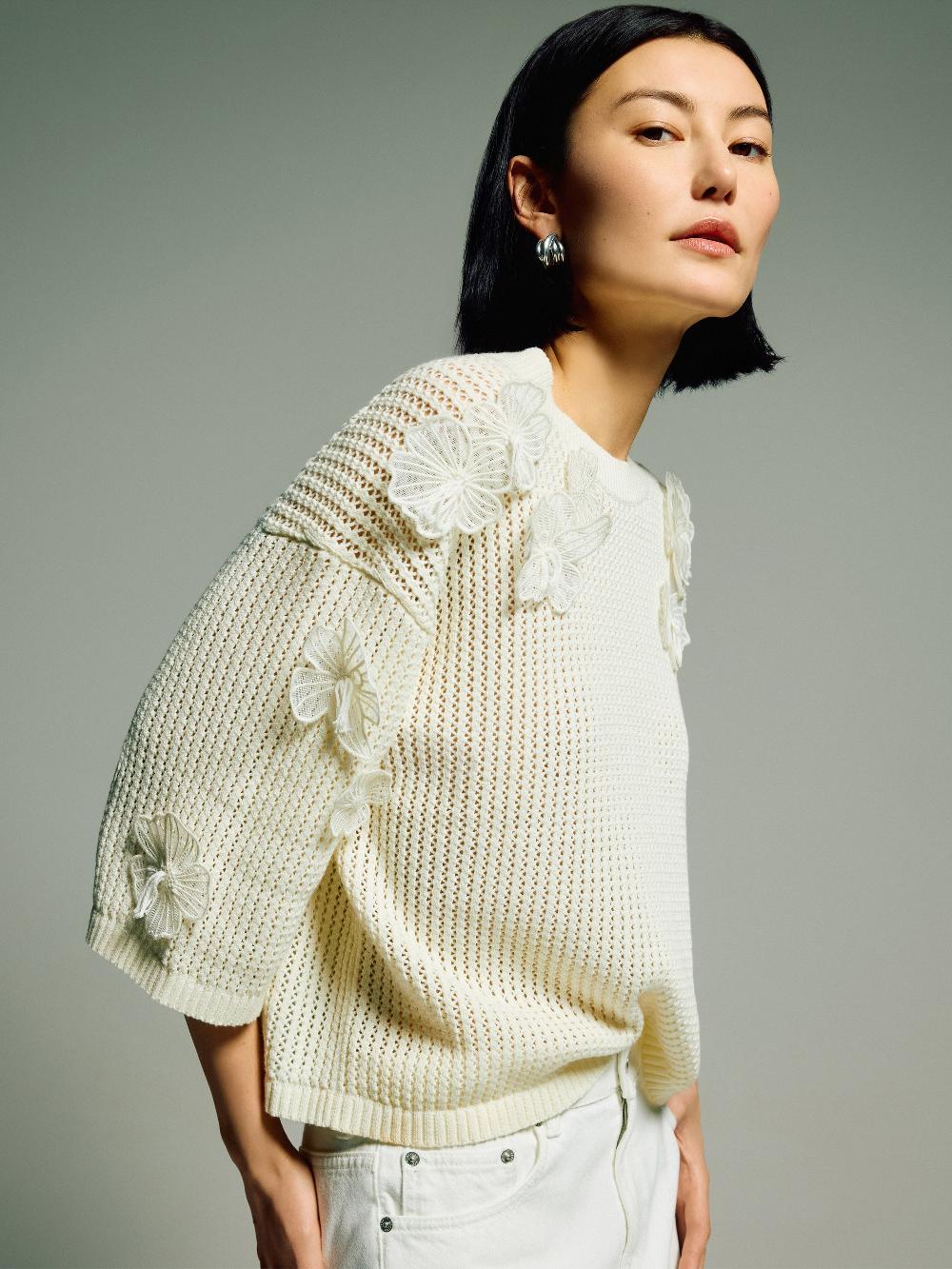 jigsaw Floral Applique Knit Top Cream