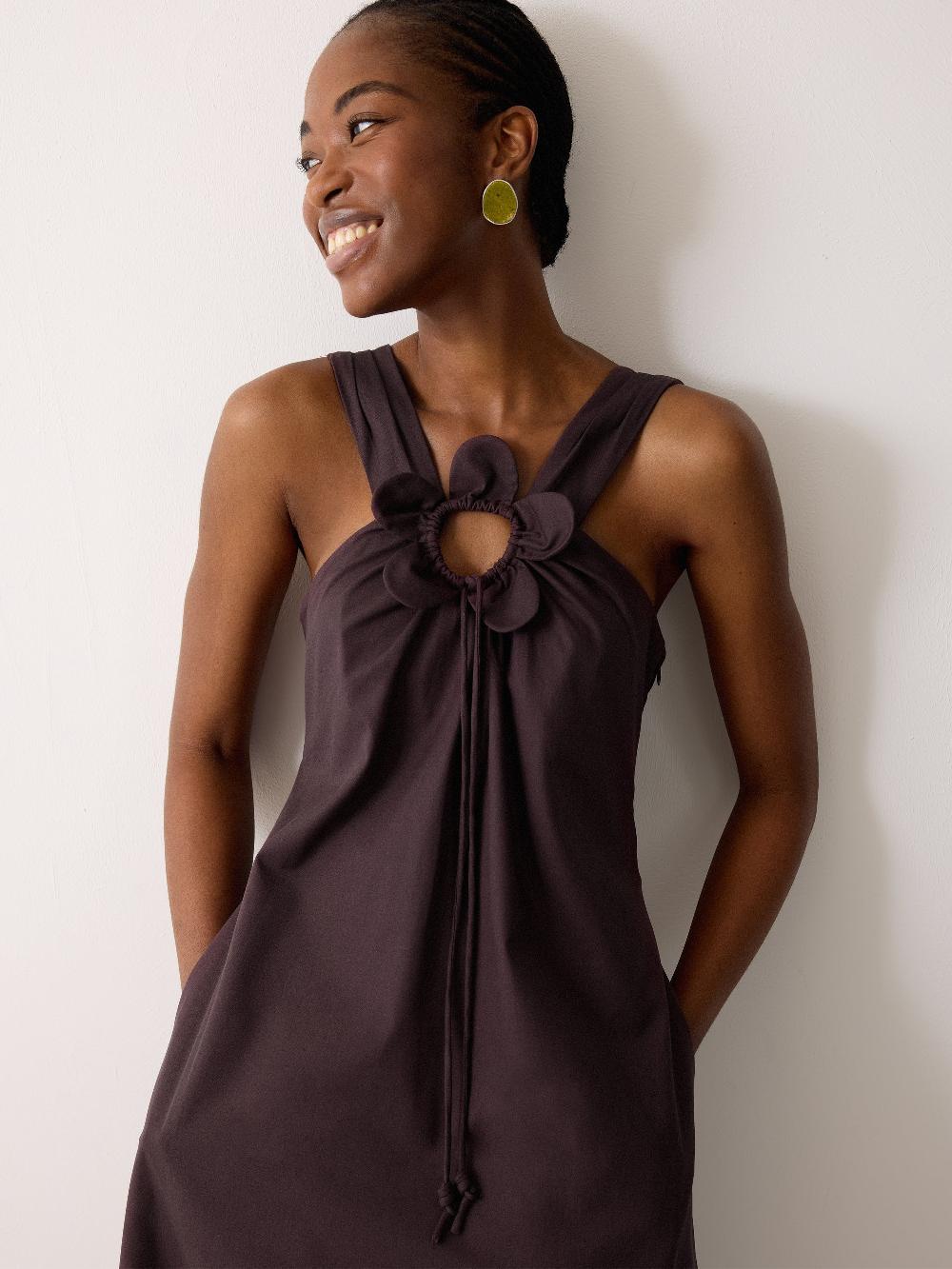 Jigsaw Flower Applique Cotton Dress Oxblood