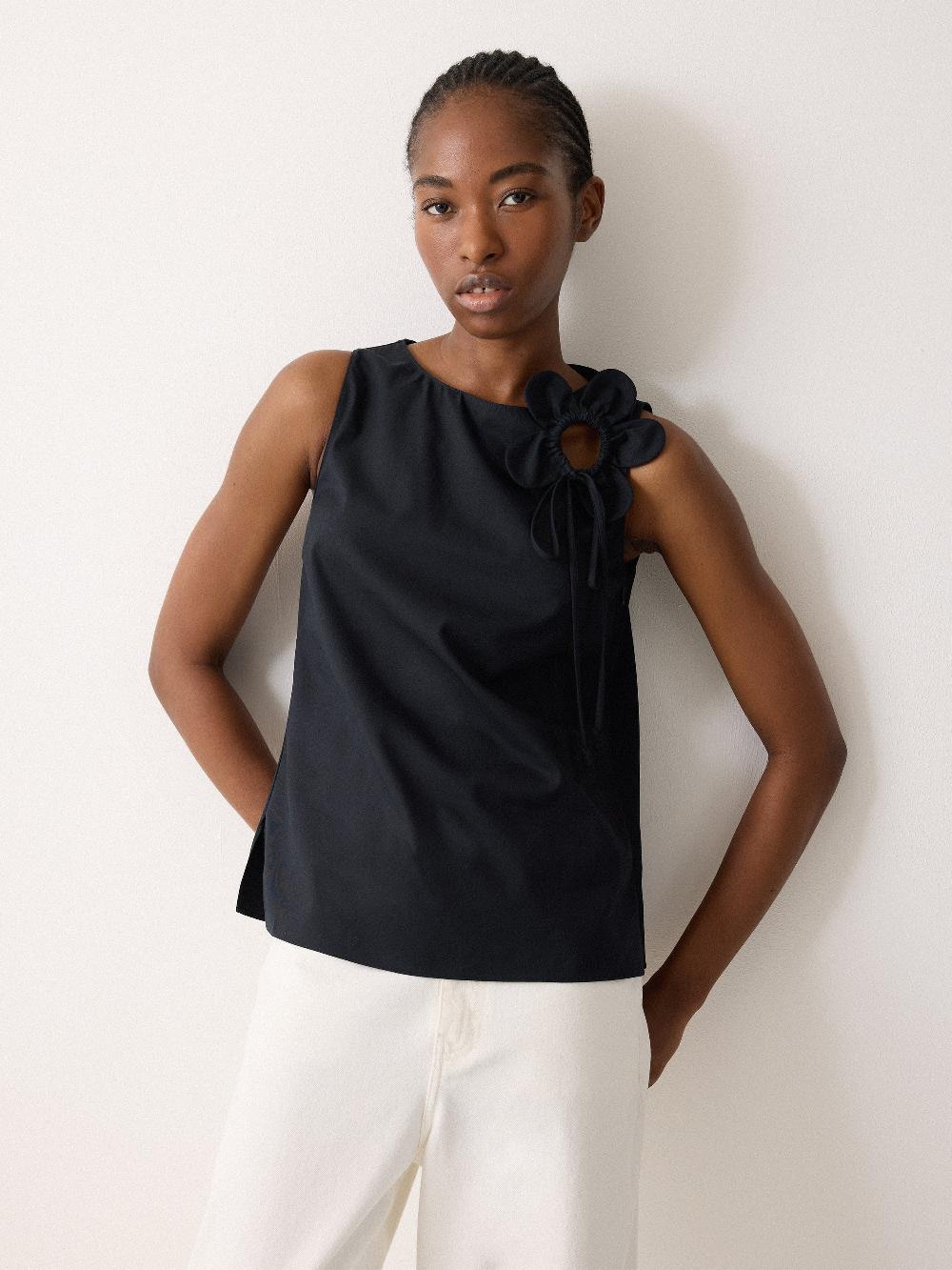 Jigsaw Flower Applique Cotton Top Navy