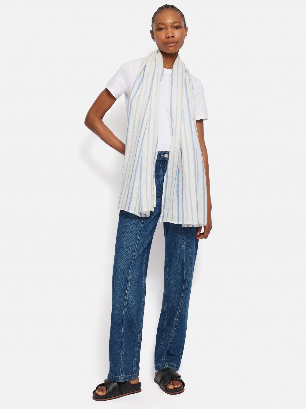 Jigsaw French Linen Stripe Scarf Blue