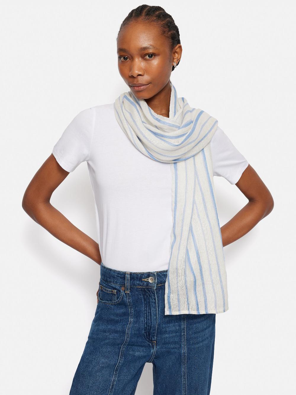 Jigsaw French Linen Stripe Scarf Blue