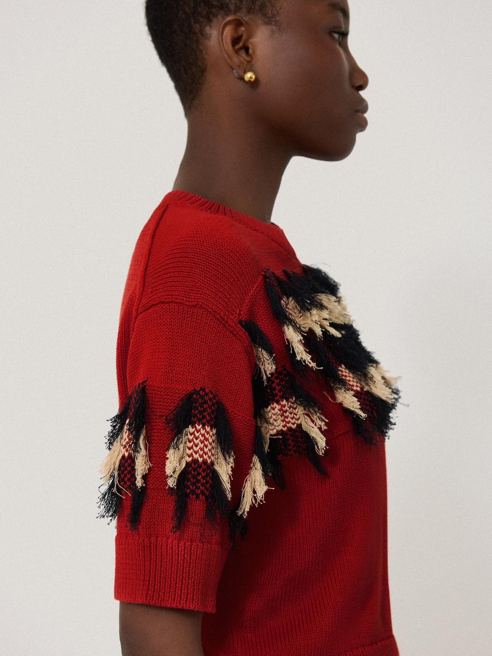 Jigsaw Fringe Jacquard Knit Top Orange