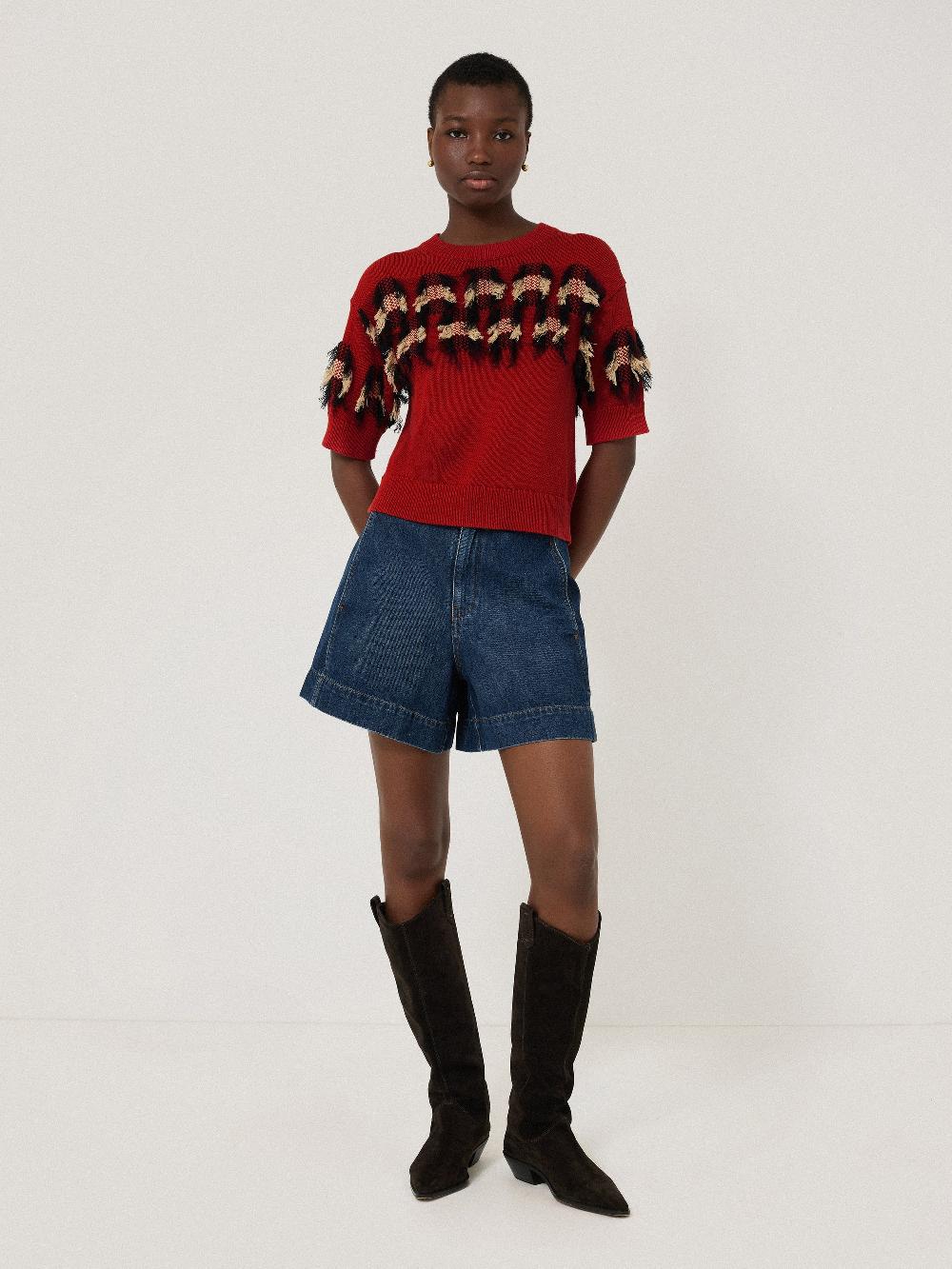 Jigsaw Fringe Jacquard Knit Top Orange