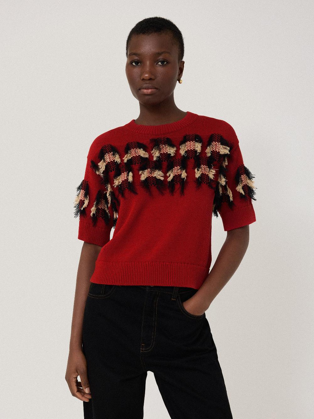 jigsaw Fringe Jacquard Knit Top Orange