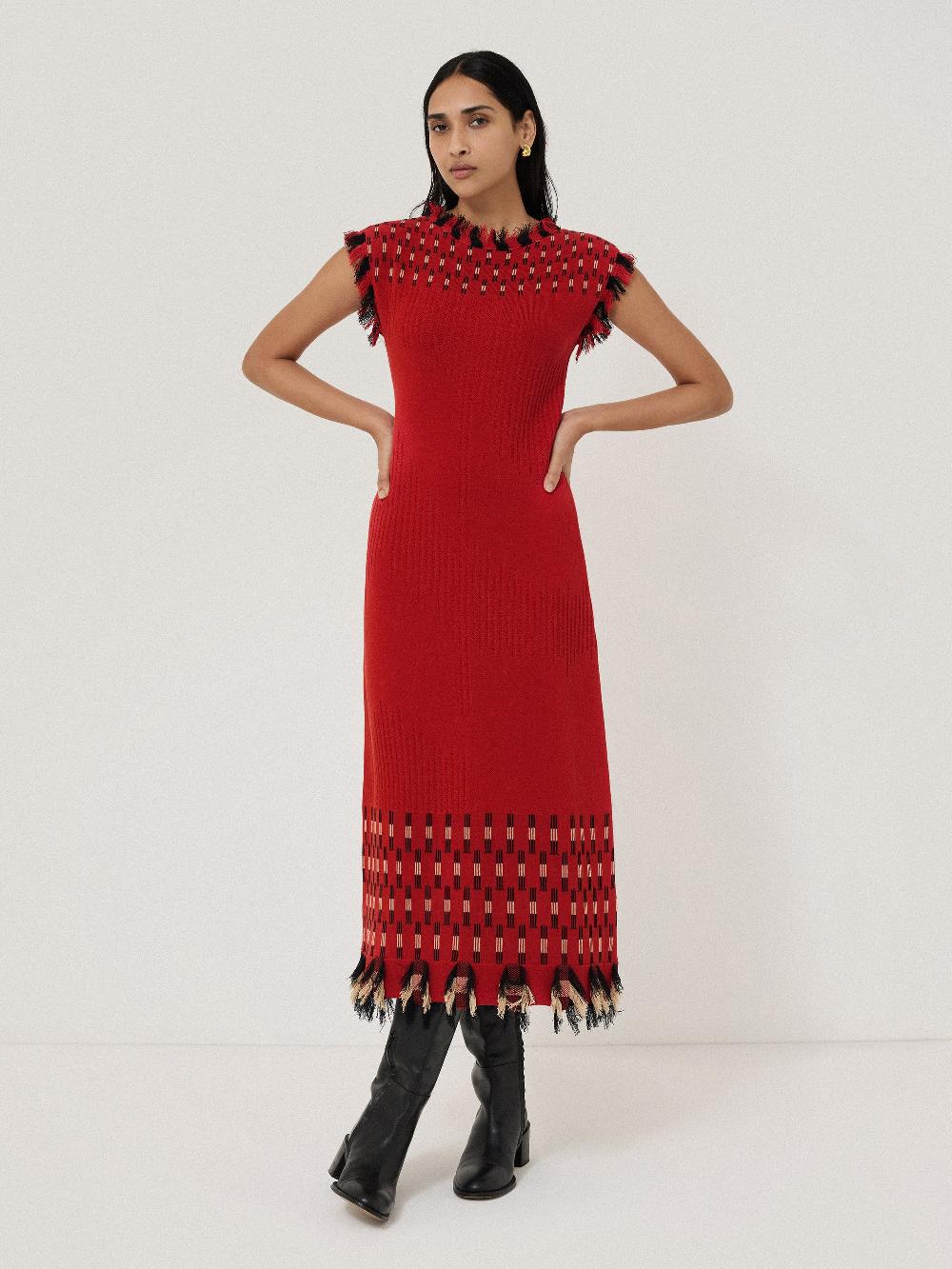 Jigsaw Fringe Texture Knit Dress Orange