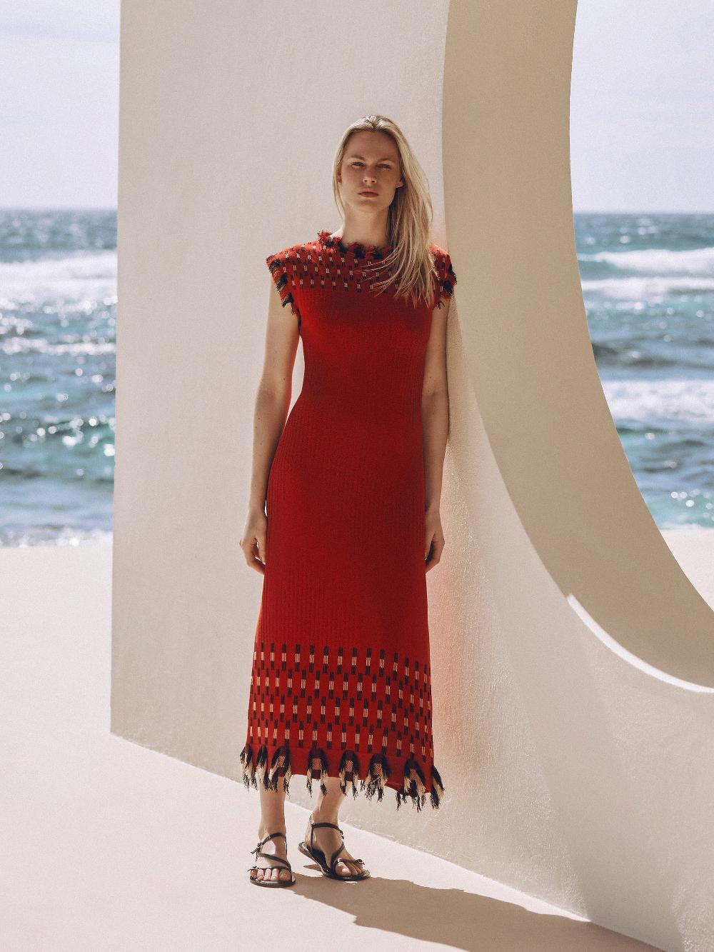 jigsaw Fringe Texture Knit Dress Orange