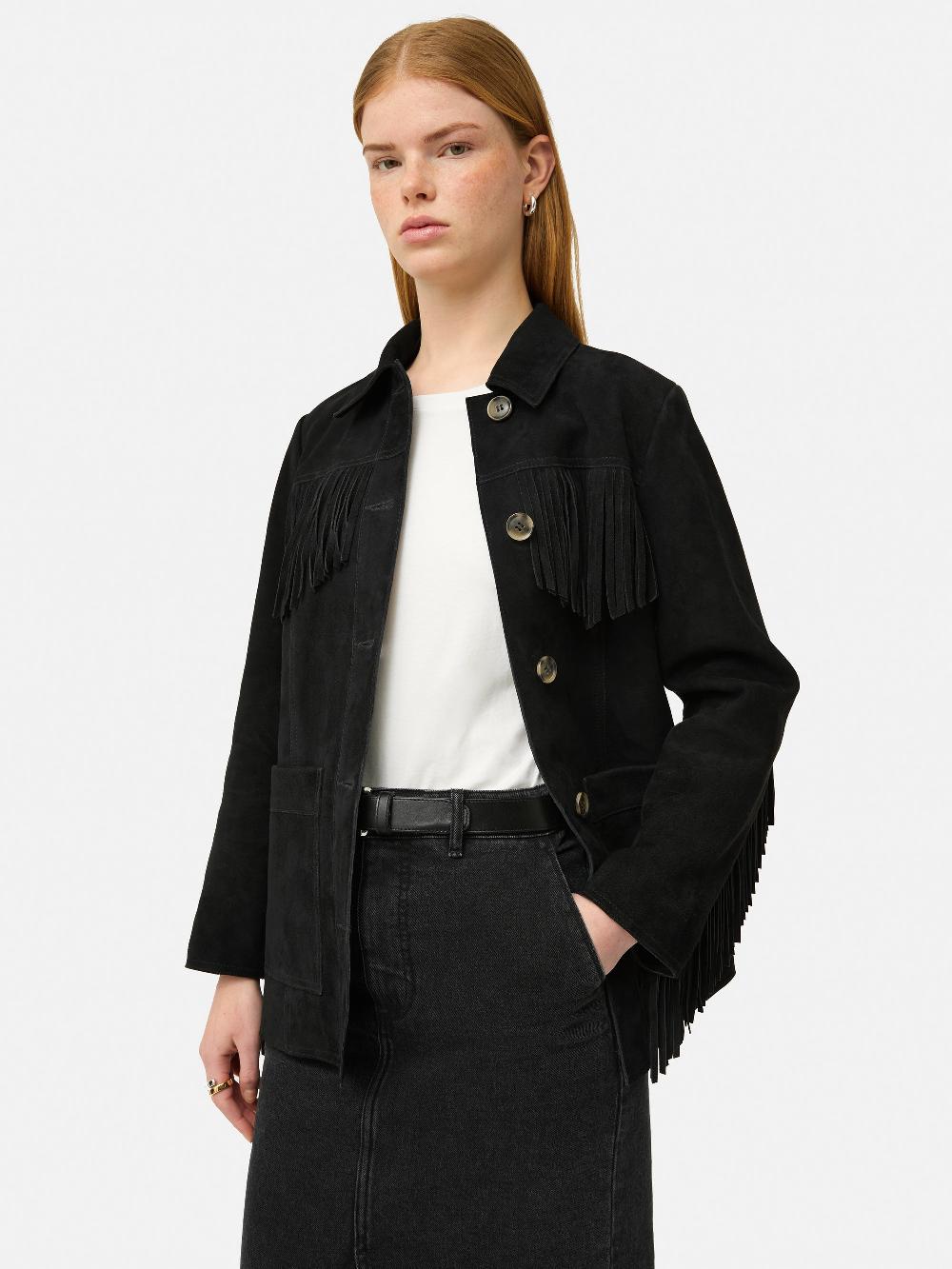 Jigsaw Fringed Suede Jacket Black