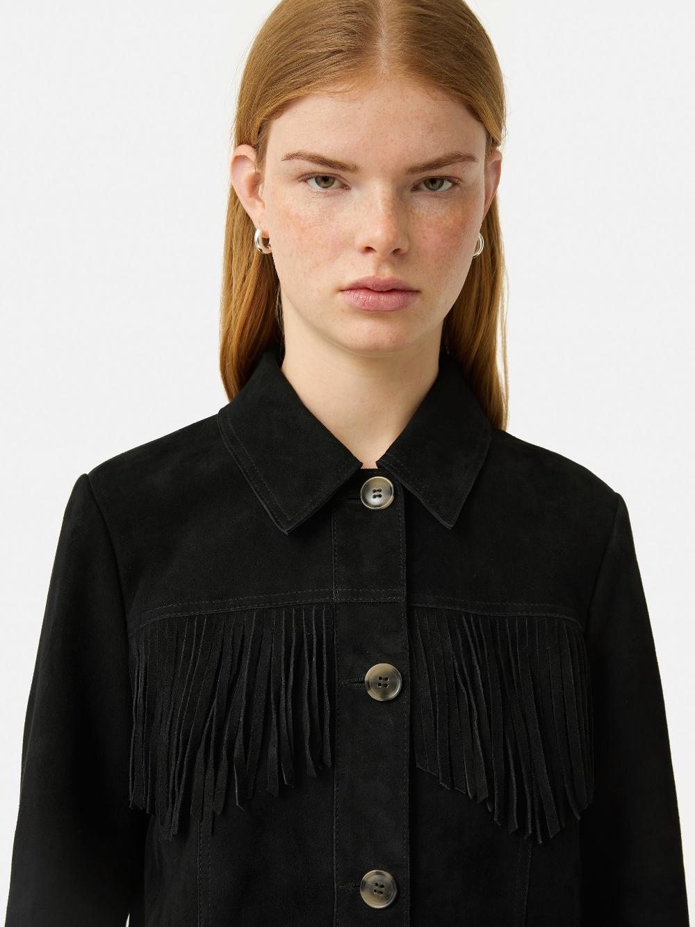 Jigsaw Fringed Suede Jacket Black
