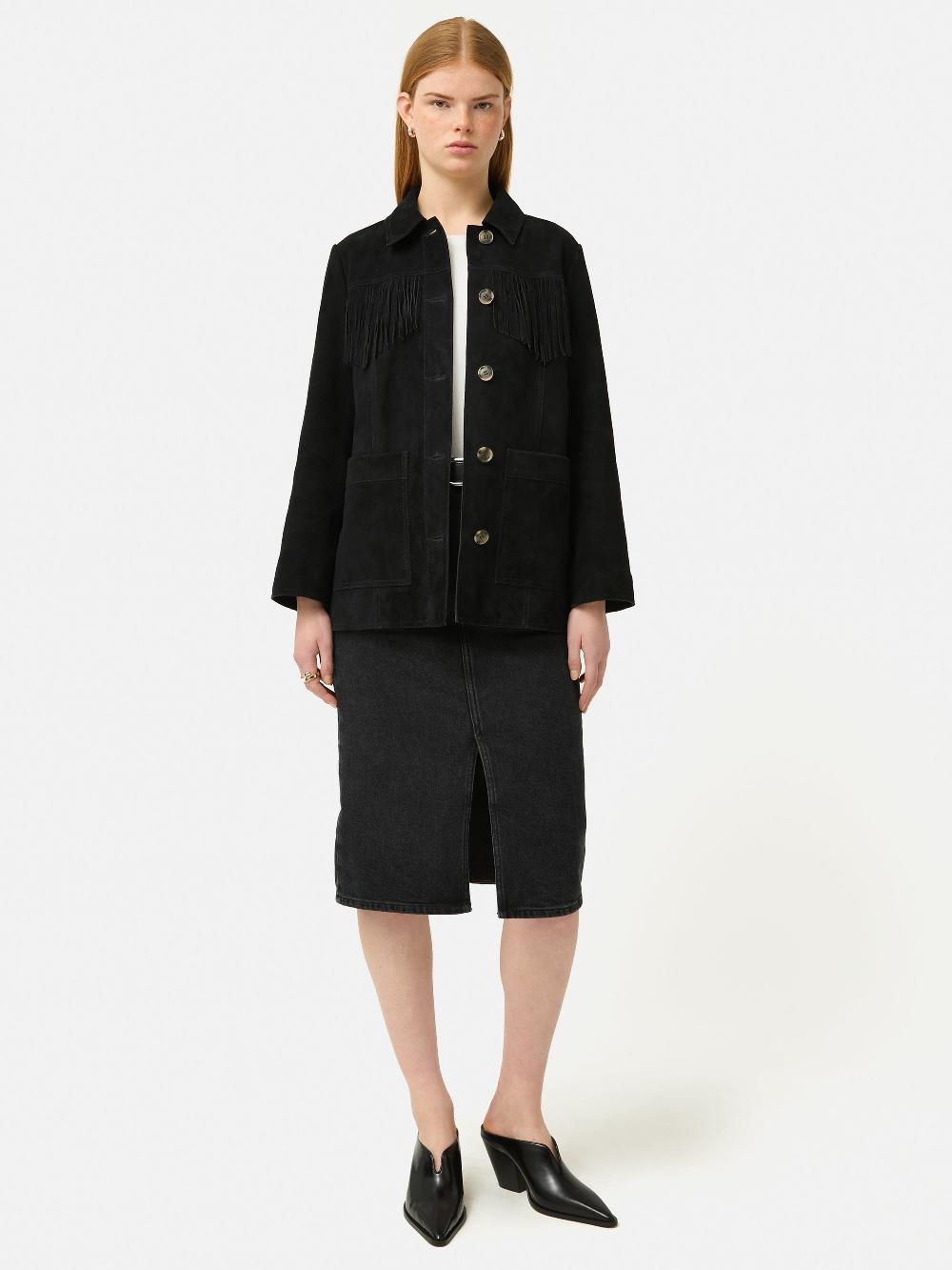 Jigsaw Fringed Suede Jacket Black