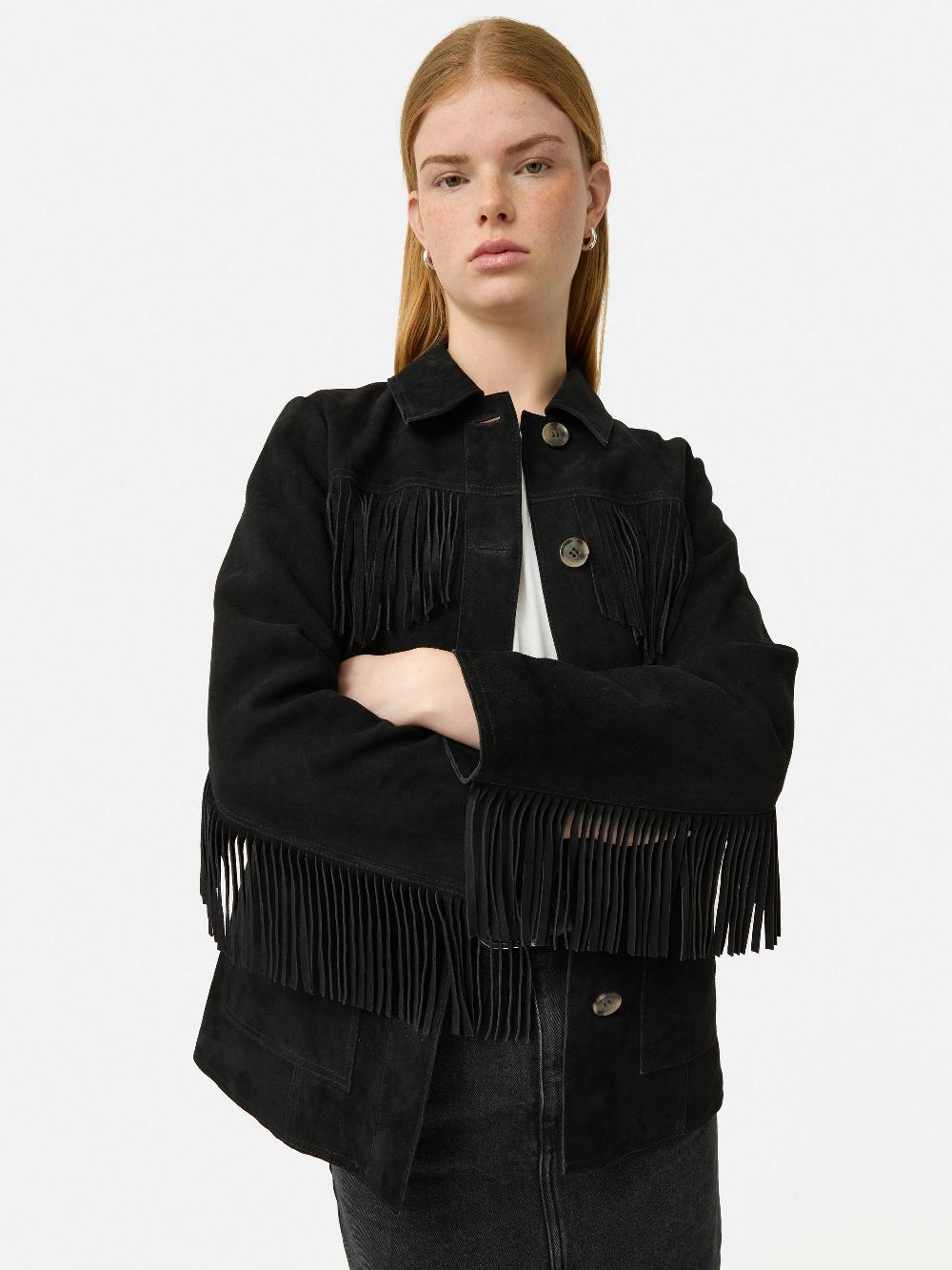 jigsaw Fringed Suede Jacket Black