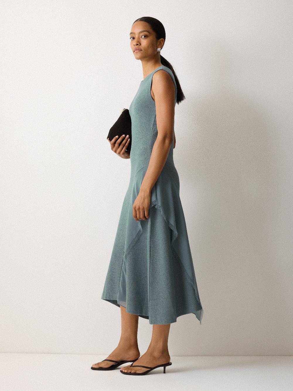 Jigsaw Georgette Ruffle Jersey Dress Blue