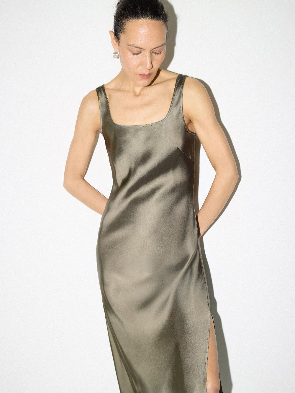 Jigsaw Heavy Satin Slip Dress Khaki
