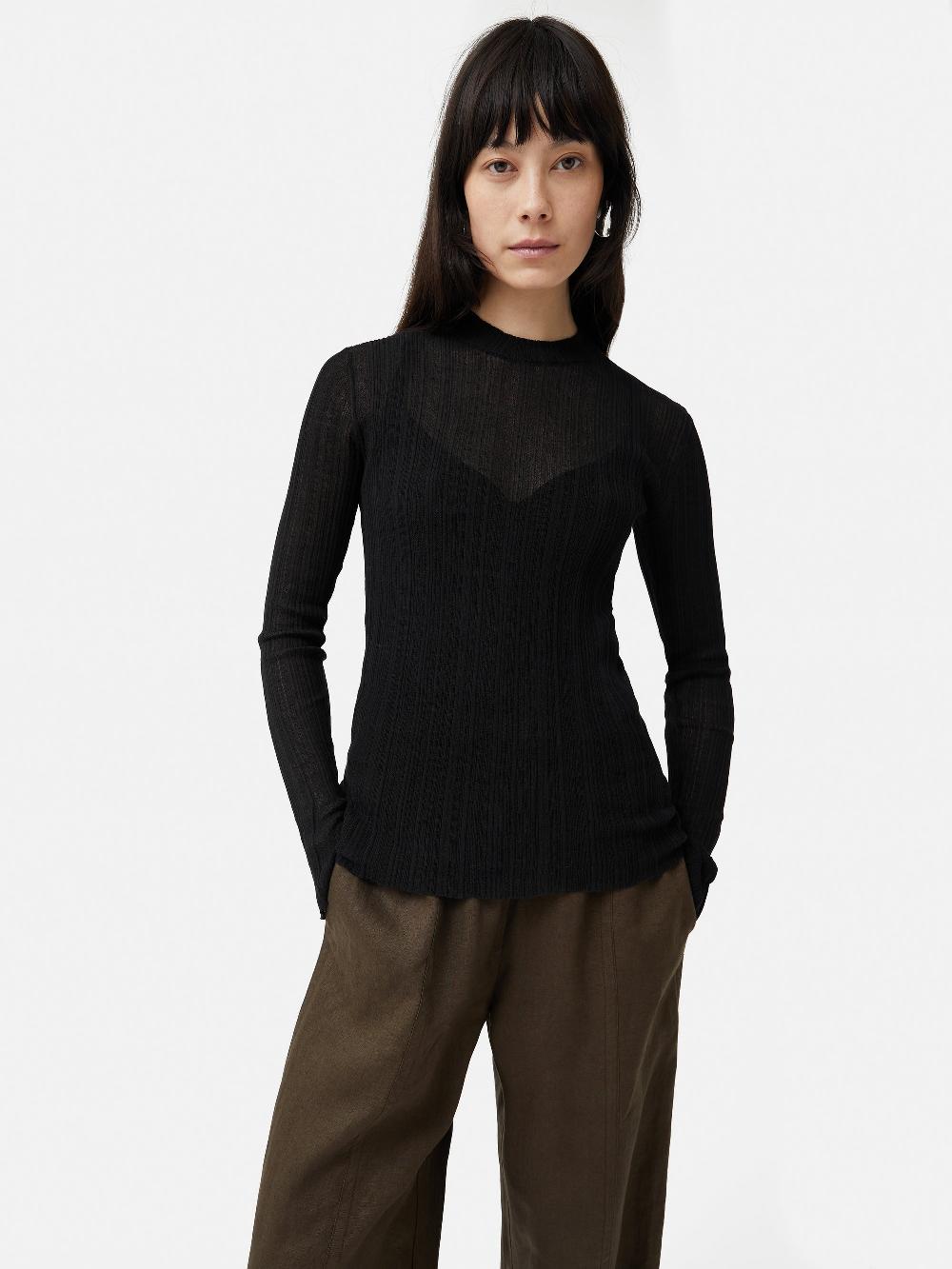 jigsaw Irregular Plisse Crew Top Black