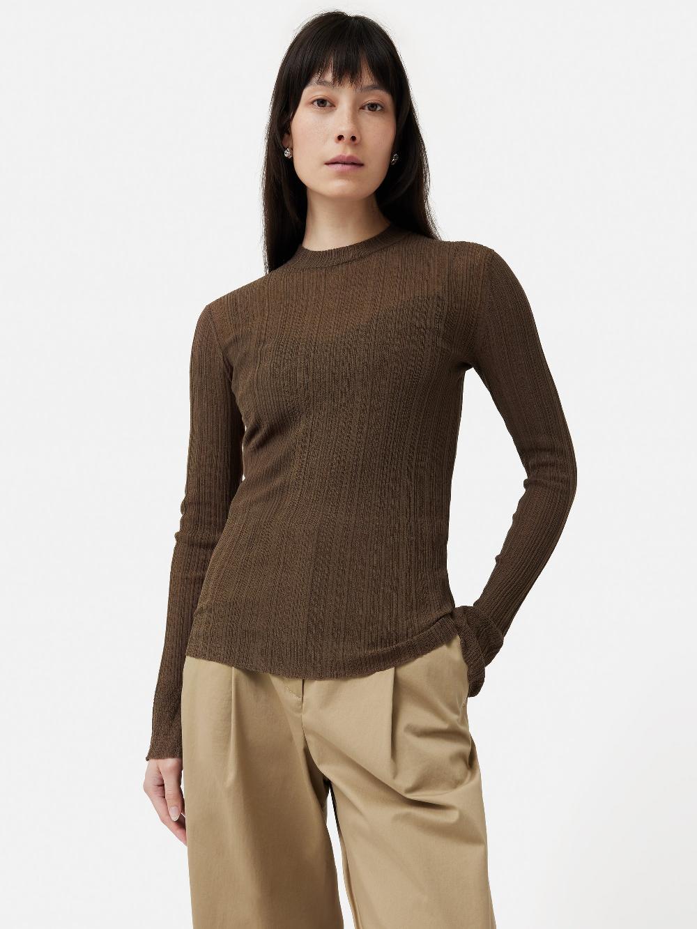Jigsaw Irregular Plisse Crew Top Brown