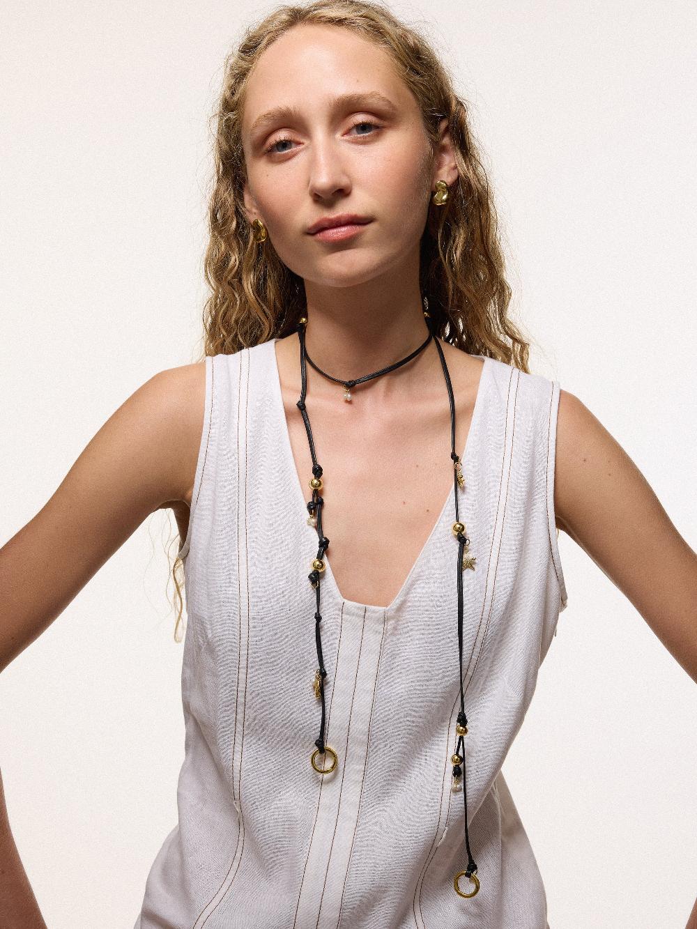 Jigsaw Leather Trinkets Long Necklace Gold