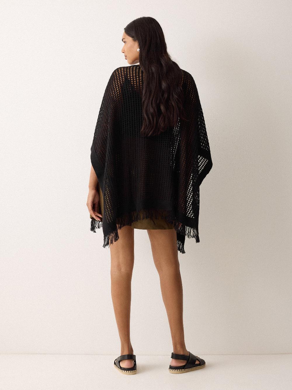 Jigsaw Linen Blend Open Stitch Poncho Black