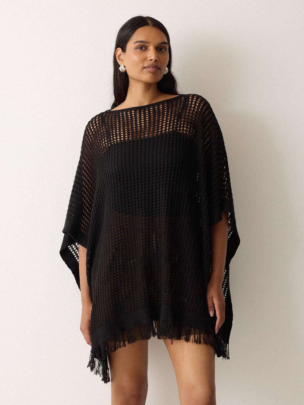 Jigsaw Linen Blend Open Stitch Poncho Black