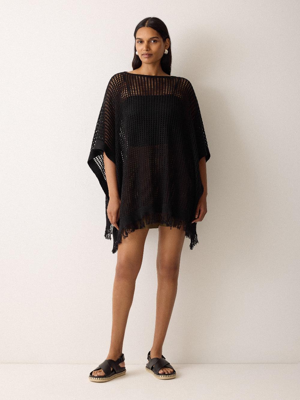 jigsaw Linen Blend Open Stitch Poncho Black