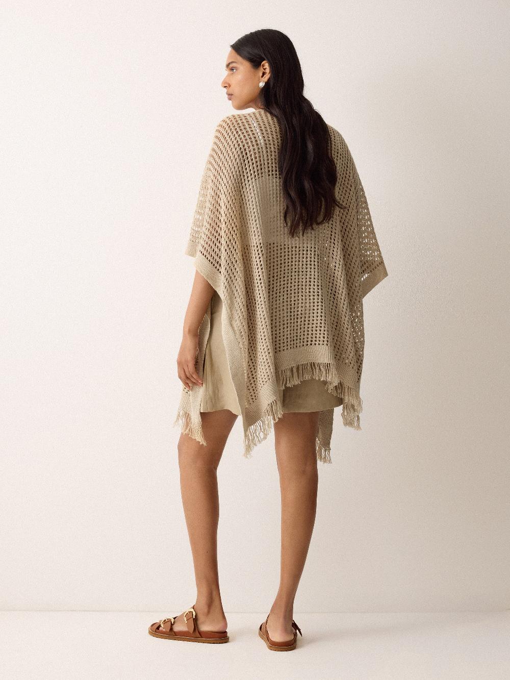 Jigsaw Linen Blend Open Stitch Poncho Neutral