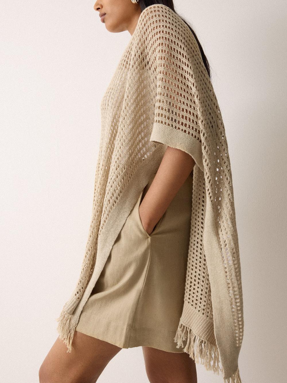 Jigsaw Linen Blend Open Stitch Poncho Neutral