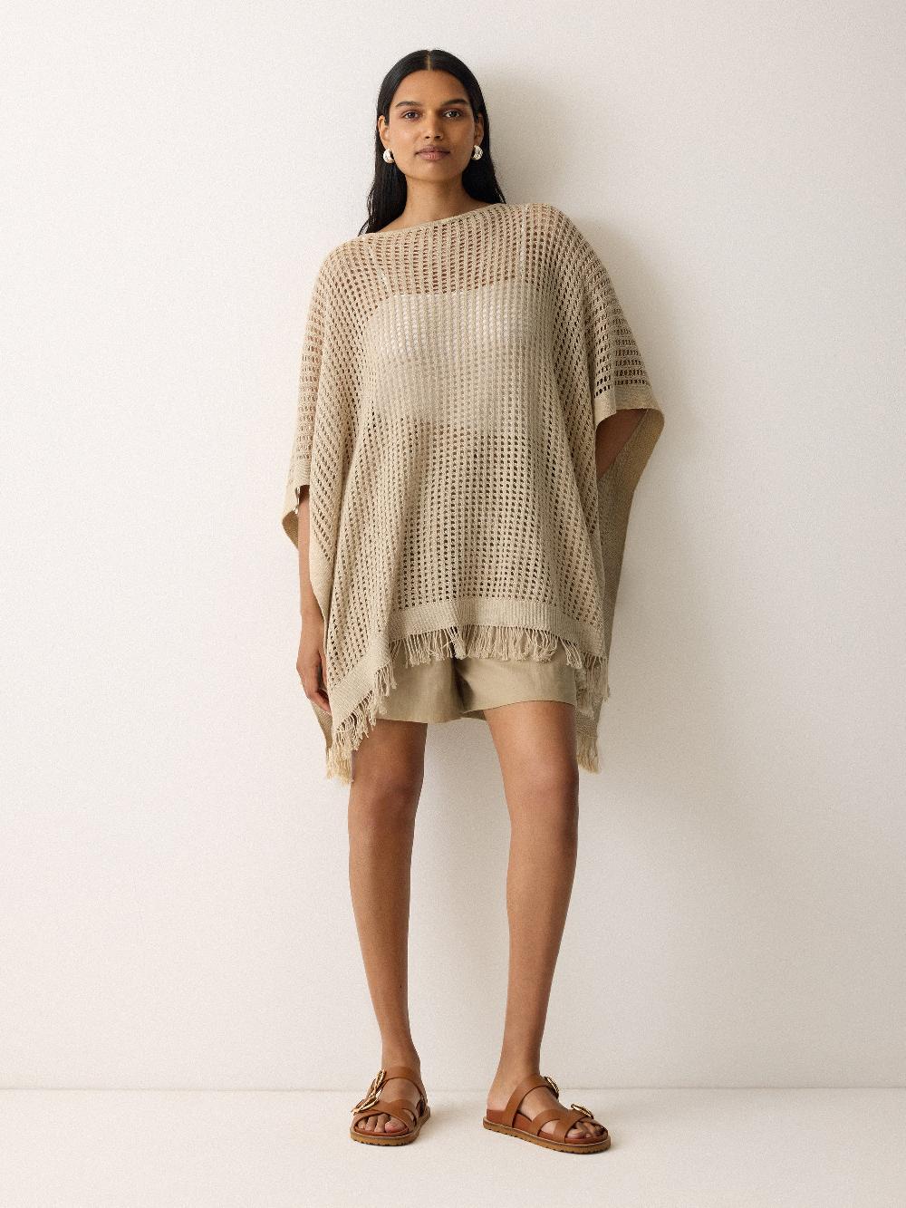 Jigsaw Linen Blend Open Stitch Poncho Neutral
