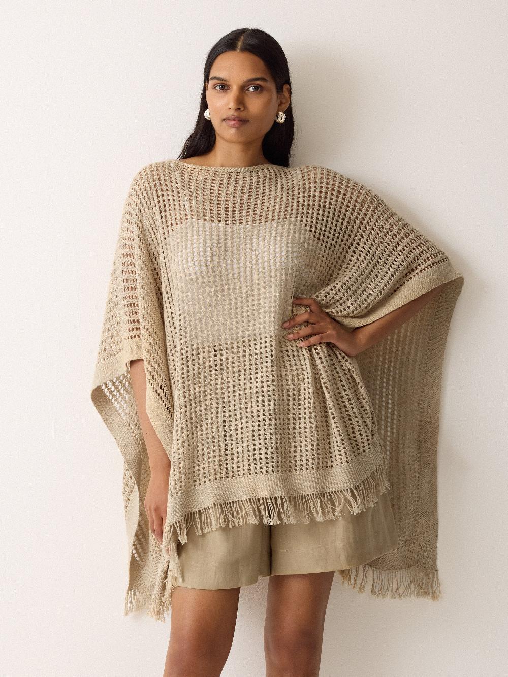 jigsaw Linen Blend Open Stitch Poncho Neutral