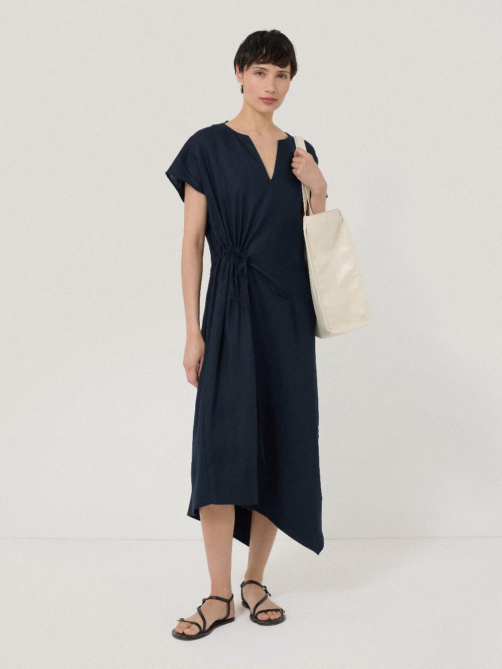 Jigsaw Linen Channel Midi Dress Navy