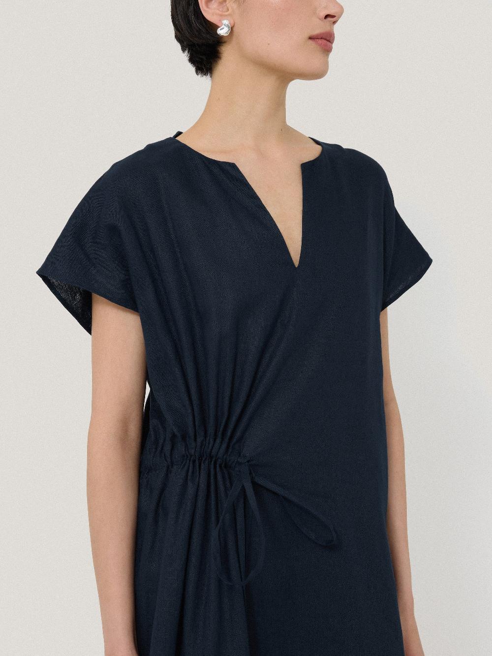Jigsaw Linen Channel Midi Dress Navy