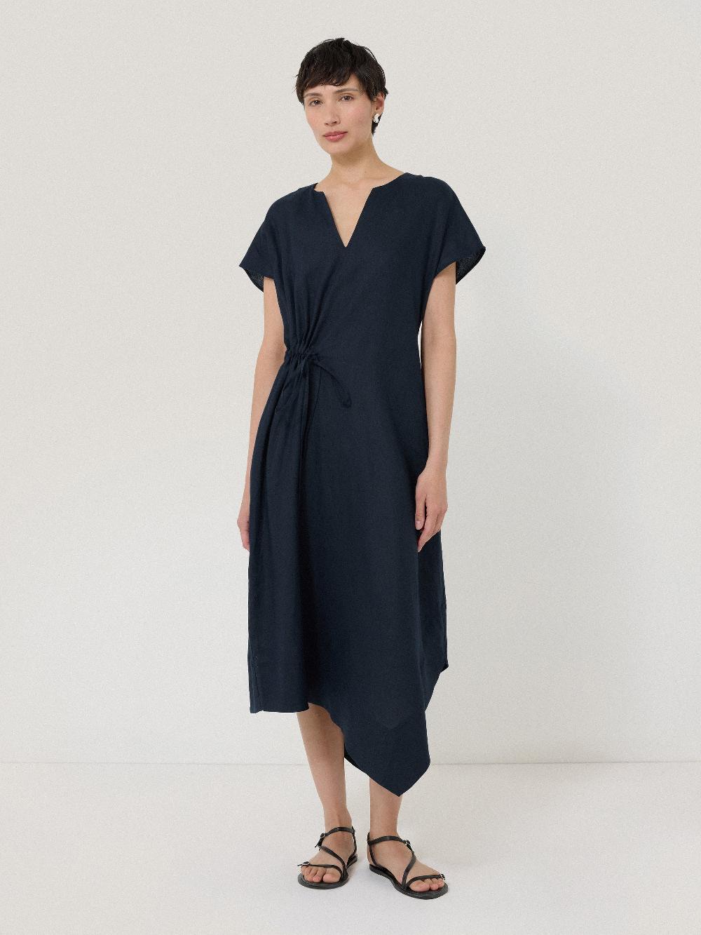 Jigsaw Linen Channel Midi Dress Navy