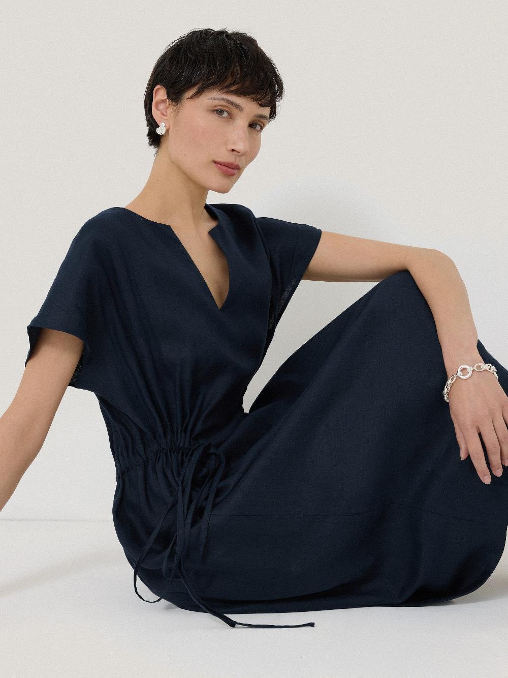 jigsaw Linen Channel Midi Dress Navy