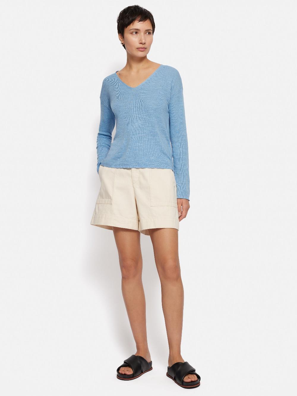 Jigsaw Linen Cotton V Neck Jumper Blue
