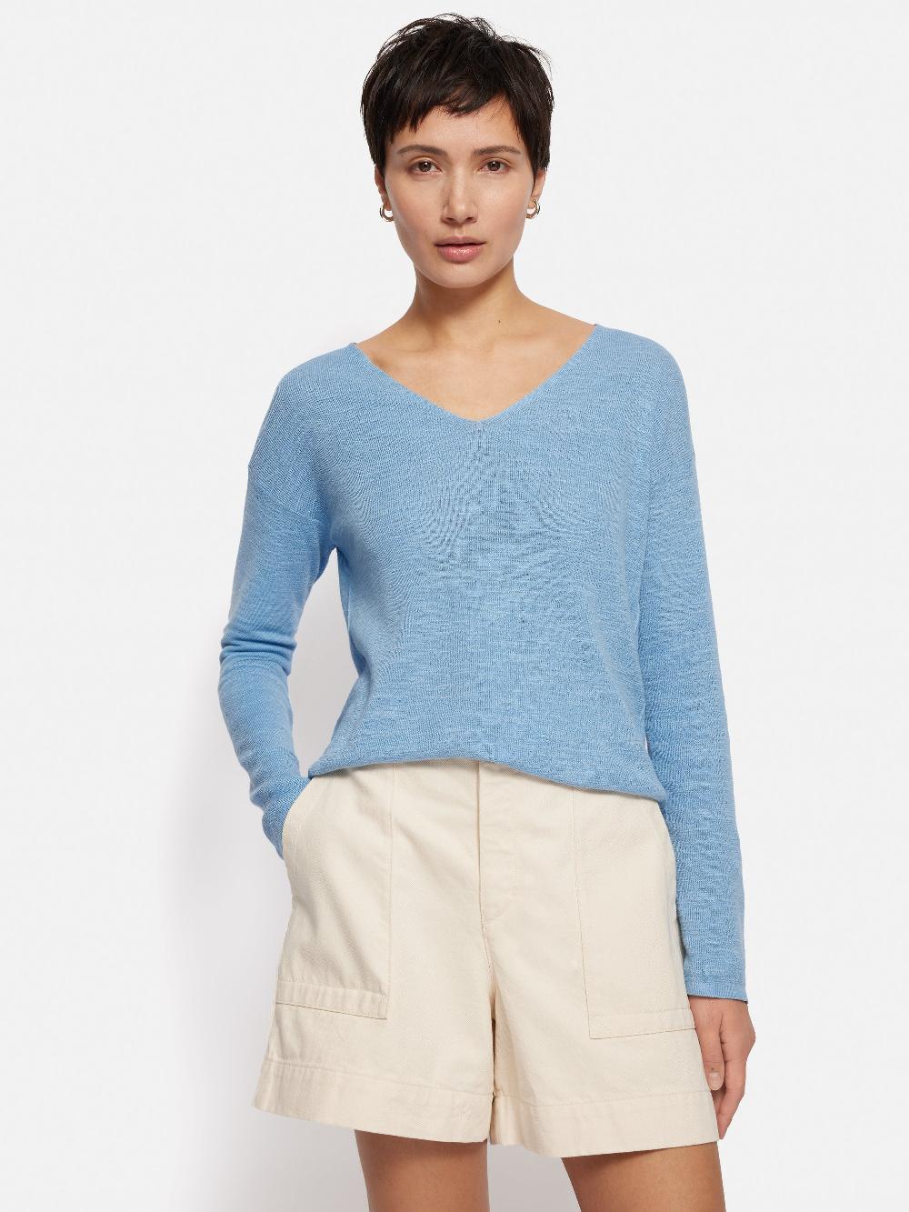 jigsaw Linen Cotton V Neck Jumper Blue